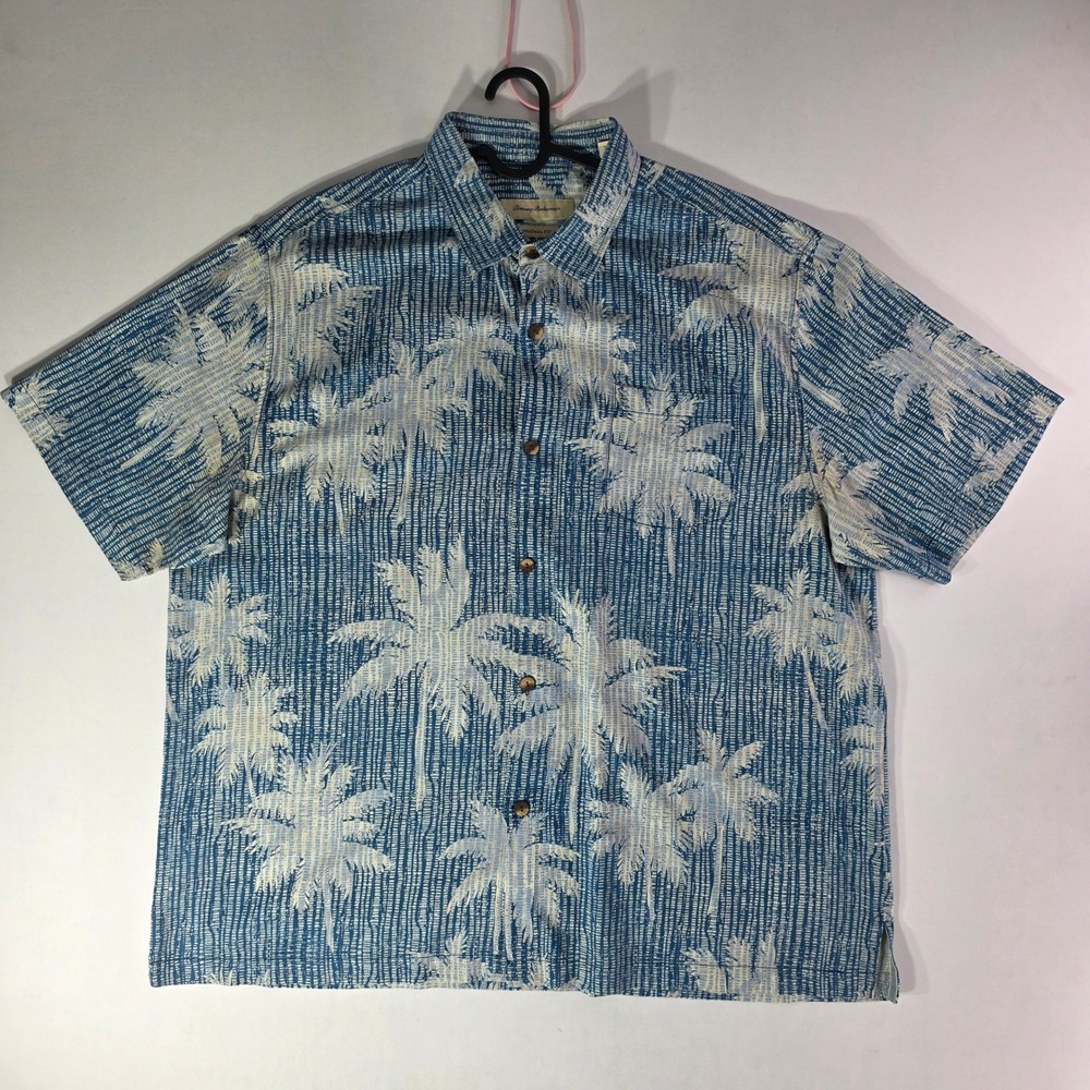 Tommy Bahama Mens XXL Blue 100% Silk Palm Tree Print Button Front Shirt